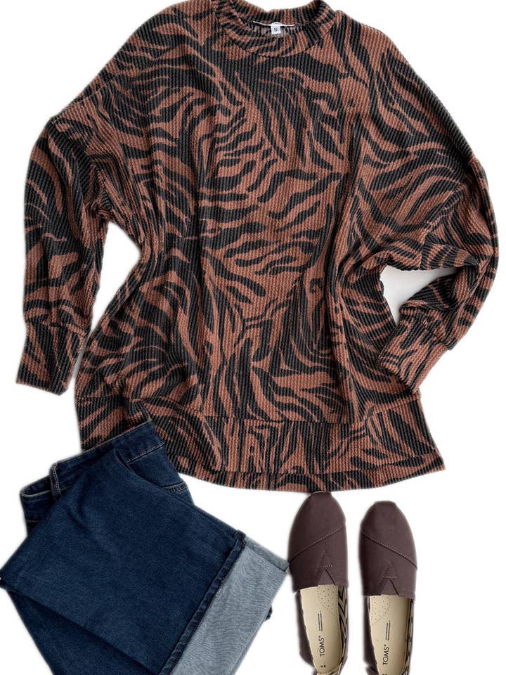 Sweatshirt Urbana Canelada de Manga Comprida com Estampa de Zebra por atacado de 24-Hrs Fashion