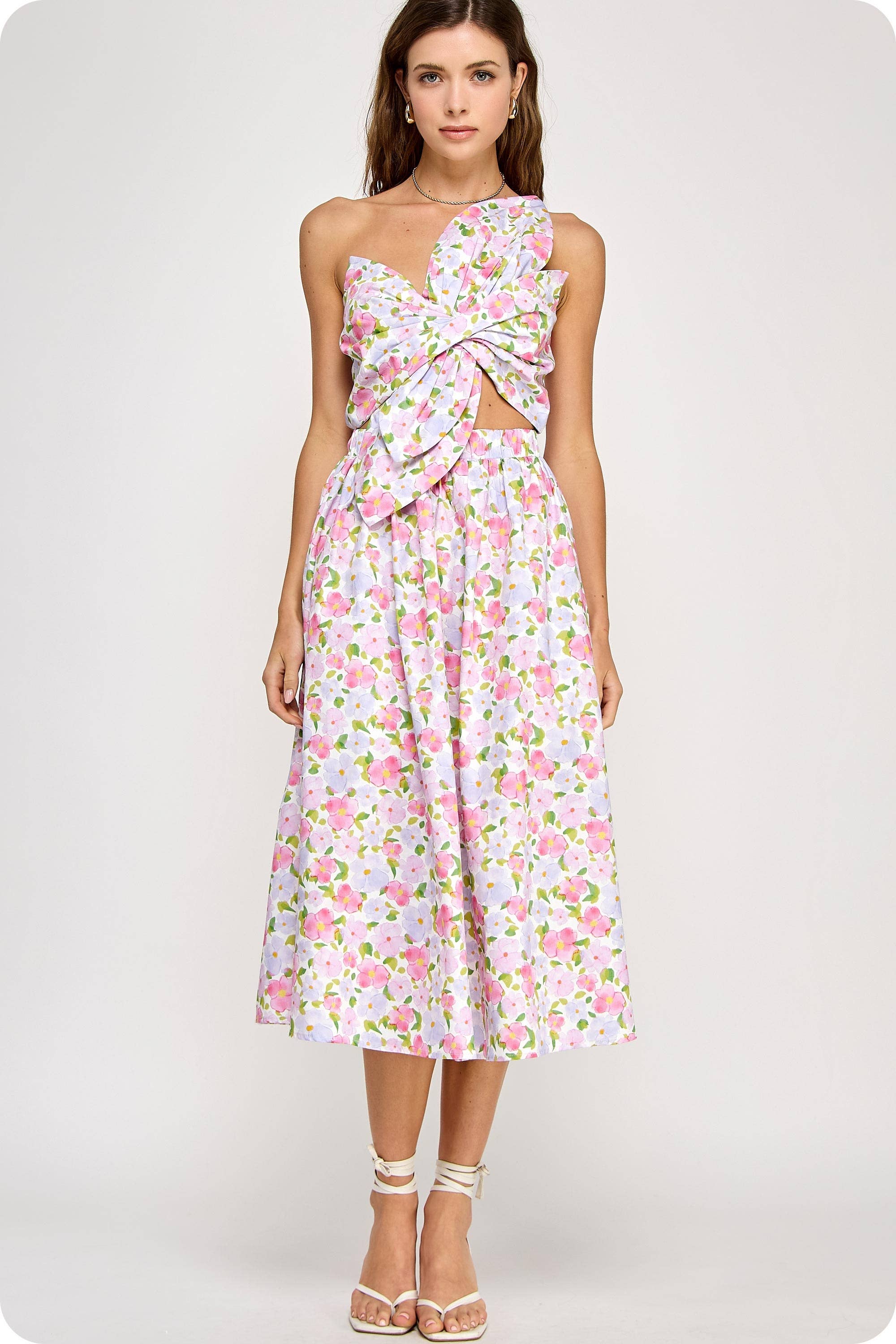 Strut & Bolt - Wholesale Dress - Women's - Knotted Flower Bow Floral Print Midi Dress6