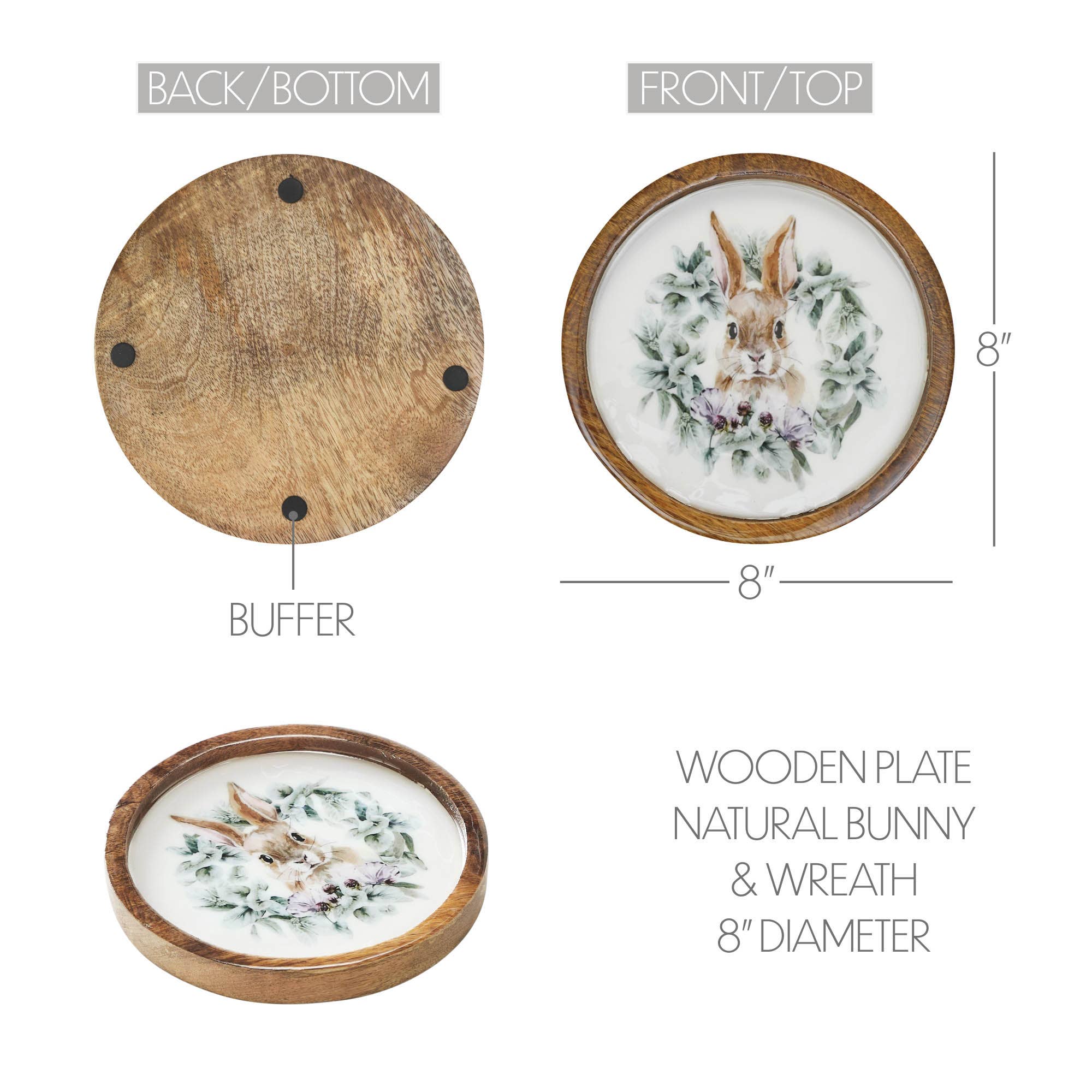 VHC Brands - Wholesale Decorative Tabletop Object - Bunny Hop Wooden Plate Natural w/ Bunny & Wreath 8 inch Diameter4