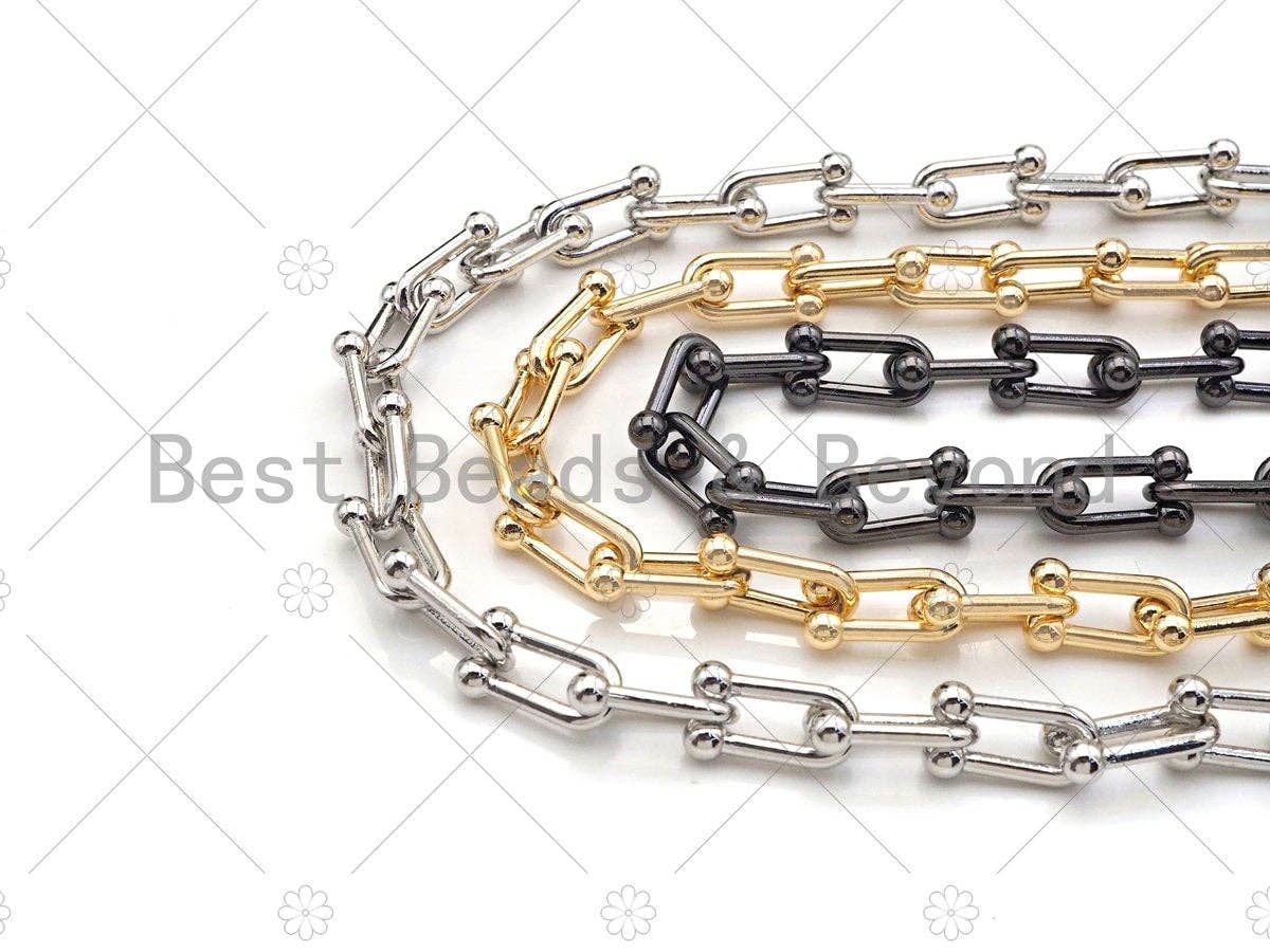 BestBeads&Beyond - Vendita all'ingrosso Collane a catena e maglie - Catena a maglie U lavorata a mano, design spesso e appariscente, placcata in oro 18K, vendita all'ingrosso, dimensioni maglia 7x15mm/5x10mm2