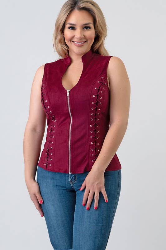 Lydia USA - Wholesale Blouse - Women's - Front Lace Up Back Cut Out Detail Suede Plus Top3