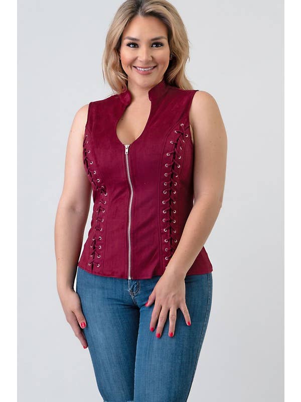 Lydia USA - Wholesale Blouse - Women's - Front Lace Up Back Cut Out Detail Suede Plus Top3