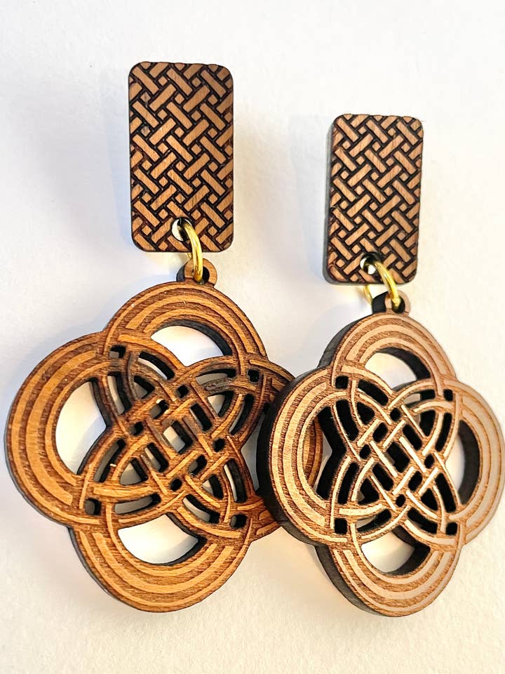 Wooden Dangle Earrings, Celtic cross pattern 2 piece 7cm x 4 for wholesale by Mothú Jewellery