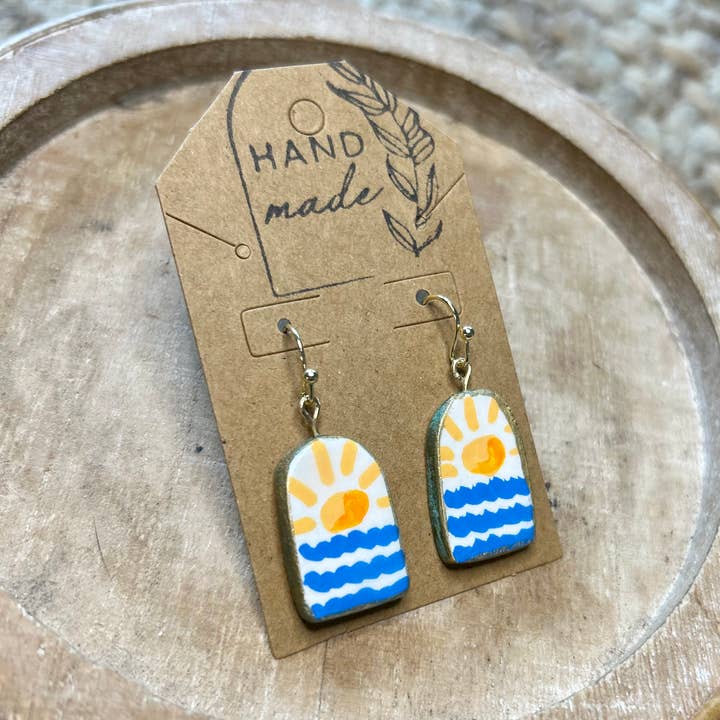 Keely Siebenthal Art & Designs - Wholesale Dangle Earrings - Handmade Clay Earrings - Arch Sun Waves Yellow Blue0