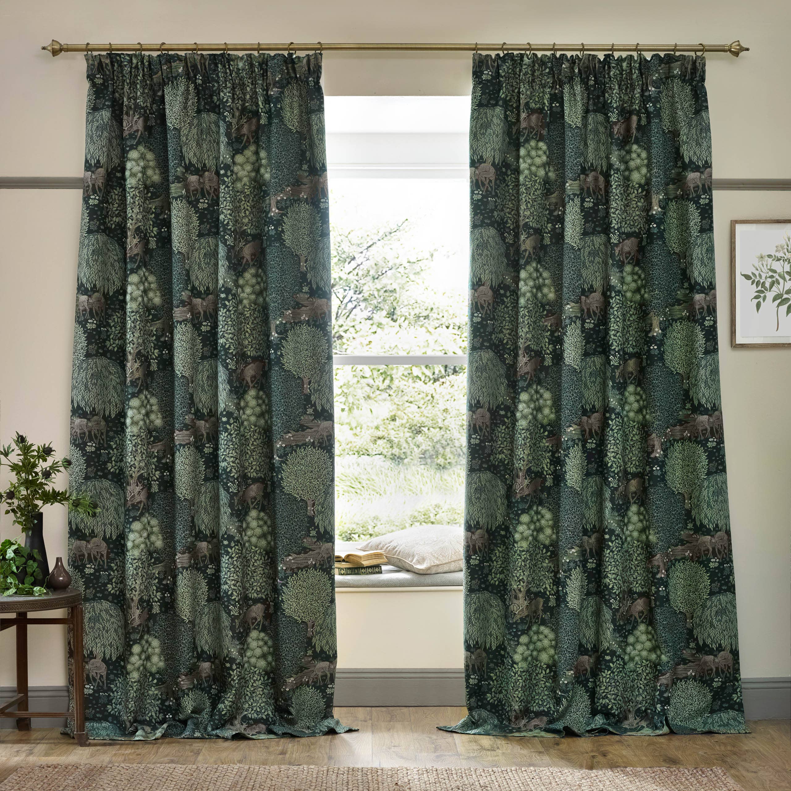Brook Woodland Jacquard Pencil Pleat Curtains Forest Green for wholesale on Faire6