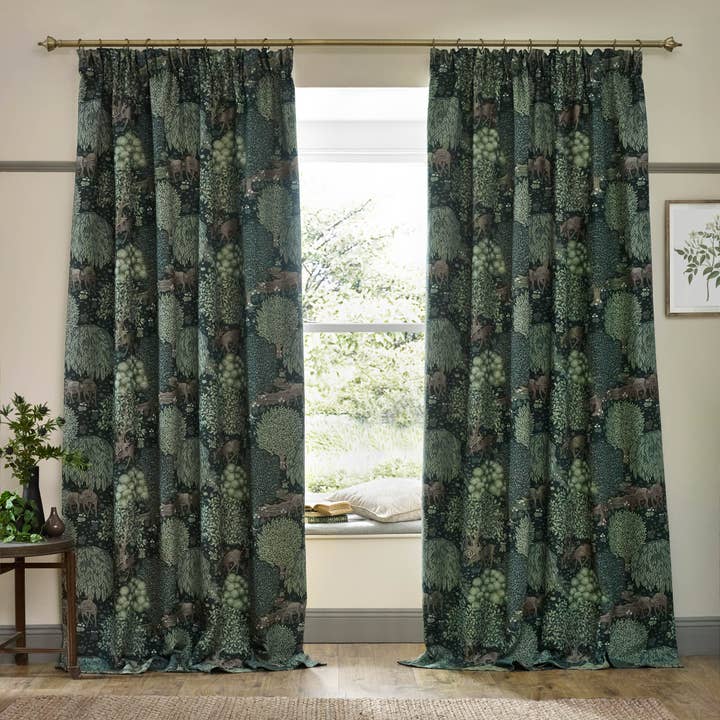 Brook Woodland Jacquard Pencil Pleat Curtains Forest Green for wholesale on Faire6