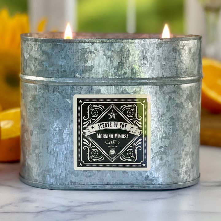Morning Mimosa Galvanized Oval Tin Soy Candle for wholesale by Scents Of Soy Candle Company