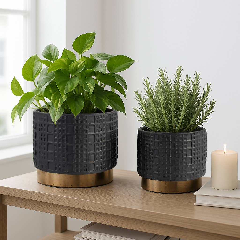 Sagebrook Home - Wholesale Plant Pot - Planter Set of 2 - Black Ceramic Raised Mesh, 6/8 in.2
