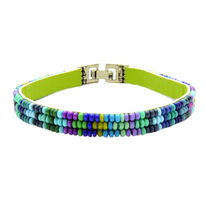 Bracelet 3 lignes de perles de rocaille couleurs froides pour la vente par Erik & Mike