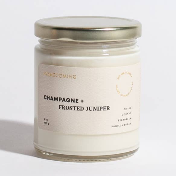 Champagne + Frosted Juniper Soy Wax Candle for wholesale by Homecoming