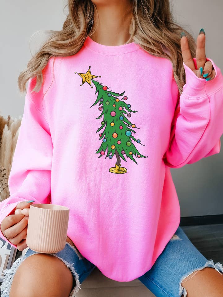 Hot Pink Christmas Tree Graphic Sweater for wholesale on Faire0