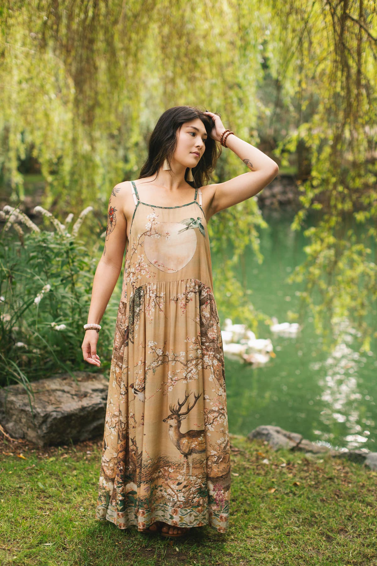 Market of Stars (USA) - Wholesale Dress - Women's - Fable Bohéme Long Maxi Slip Dress w/ Blossoms, Deer & Moon3