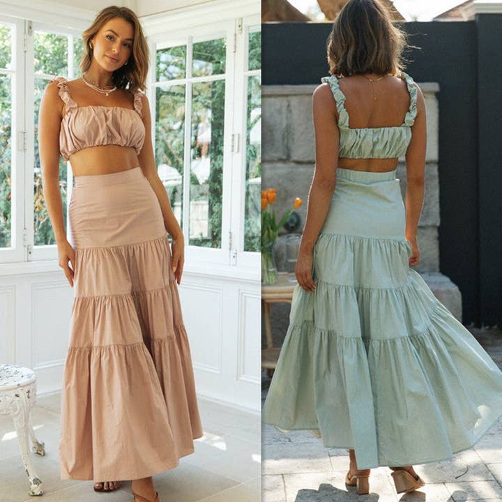 Romantic Ruffle Two-Piece Set — Crop Top & Swing Midi Skirt for wholesale by Serene Couture