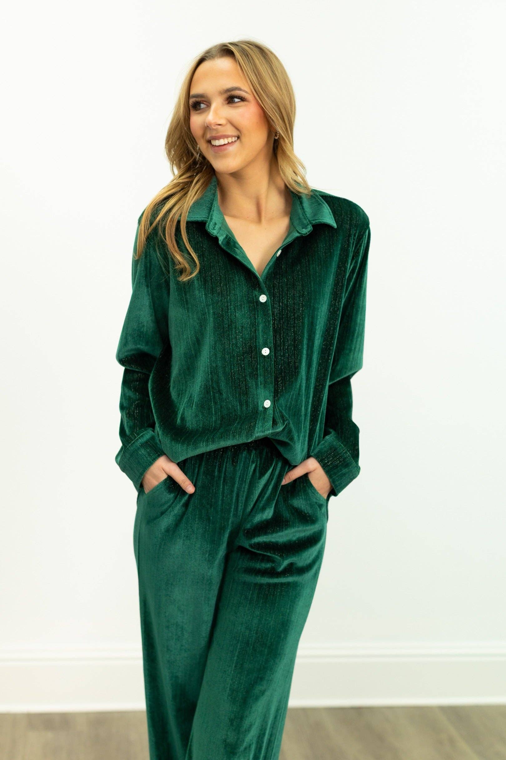 Velvet Button-Up Top, Green for wholesale on Faire11