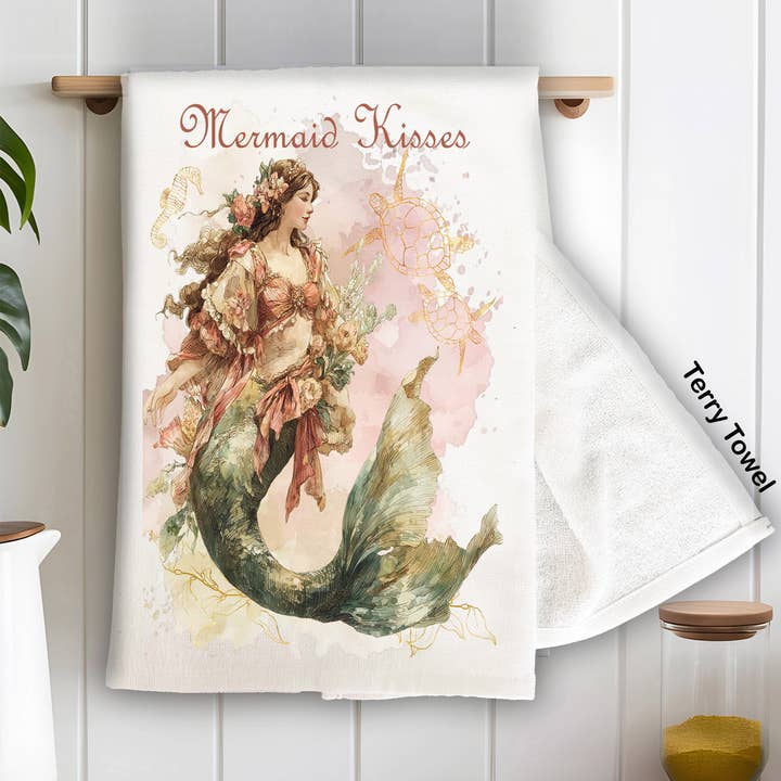 Vintage French Mermaid Kisses Kitchen Terry Towel for wholesale by Avery Lane Gifts