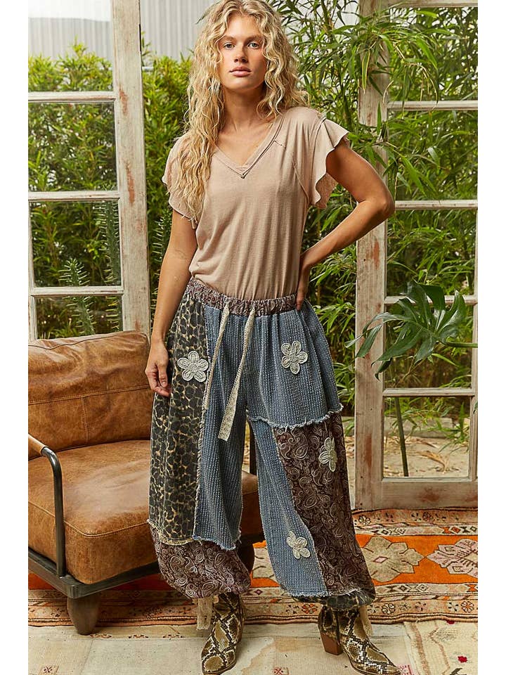 Pol Clothing - Wholesale Pants - Women's - Crochet patch detail contrast patchwork printed woven pants44