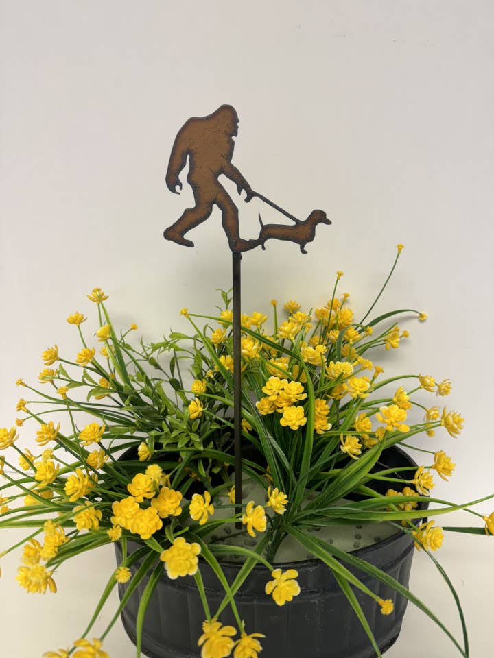 Bigfoot Yeti Sasquatch with Dachshund Wiener Dog Stake for wholesale by Universal Ironworks USA