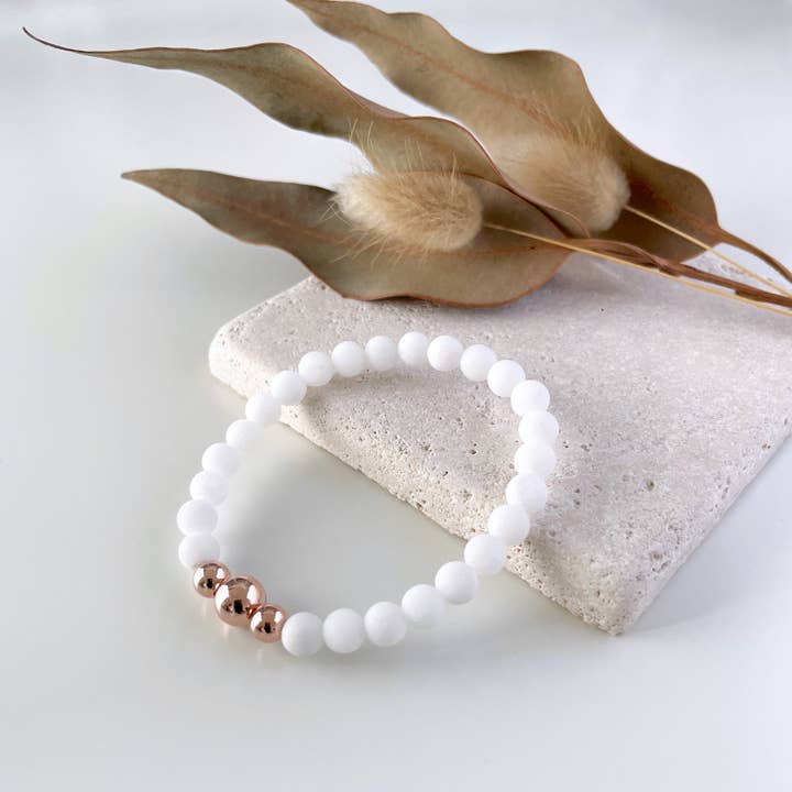Trinity Bracelet with Matte White Jade & 14k Rose Gold for wholesale by Ann Saint James