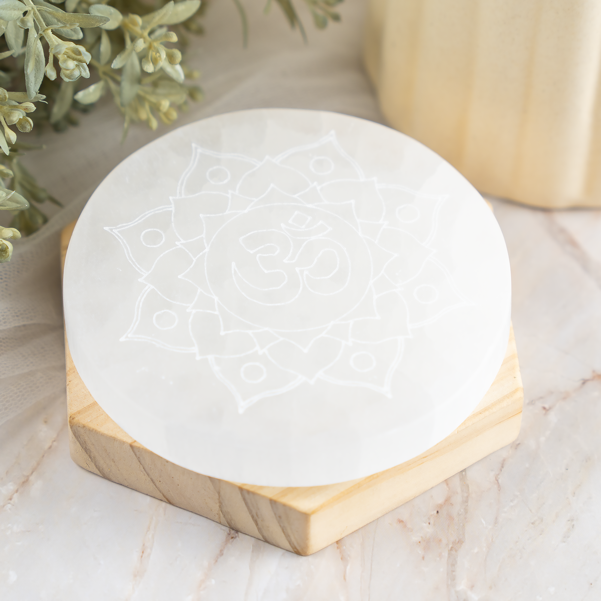 Soothing Crystals - Wholesale Crystal Charging Plate - 4" Selenite Plate | Om Selenite Plate | Charging Plate4