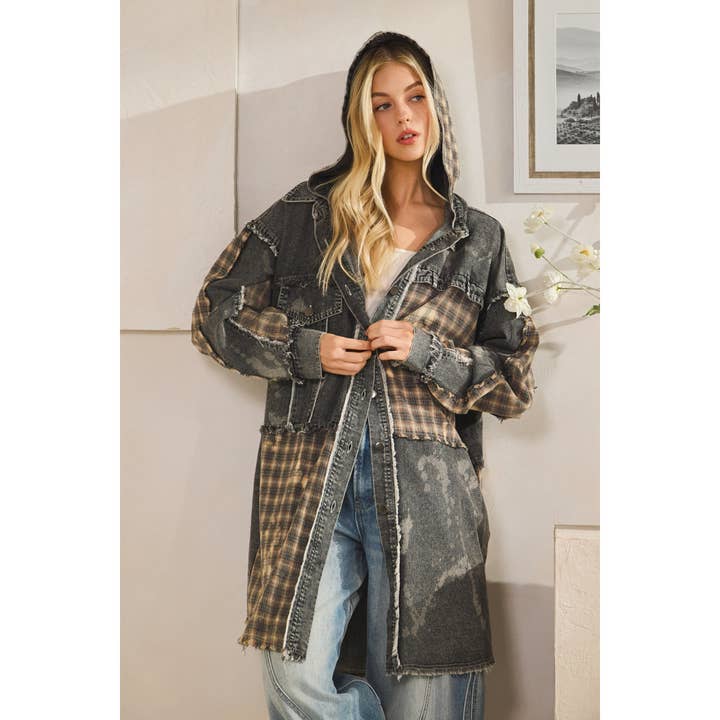 WASHED BLEACHED DENIM PLAID BUTTON FRONT SHACKET for wholesale by Oli&Hali