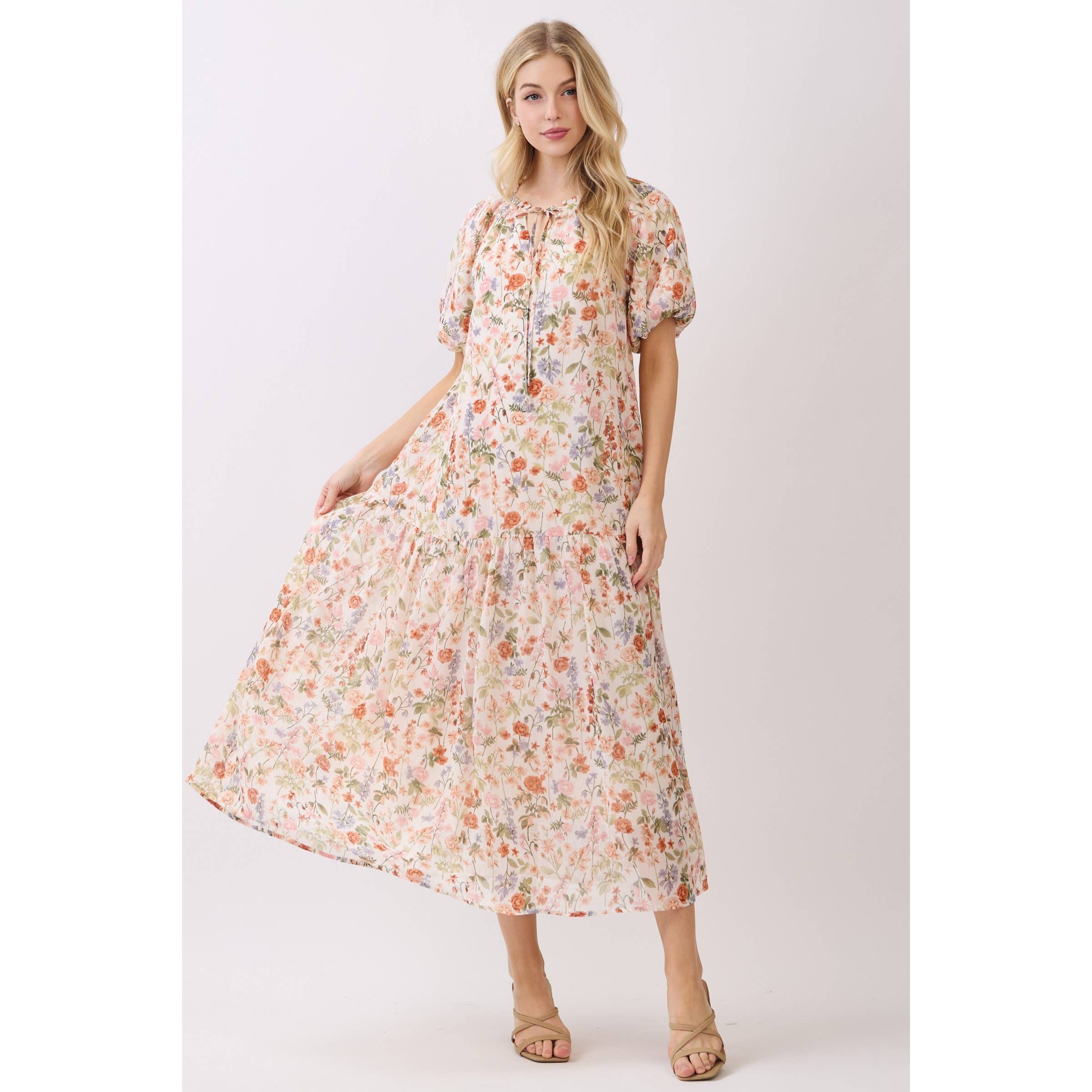 Calista - Wholesale Dress - Women's - BALLOON SLEEVE TIERED MIDI DRESS - VJD429067