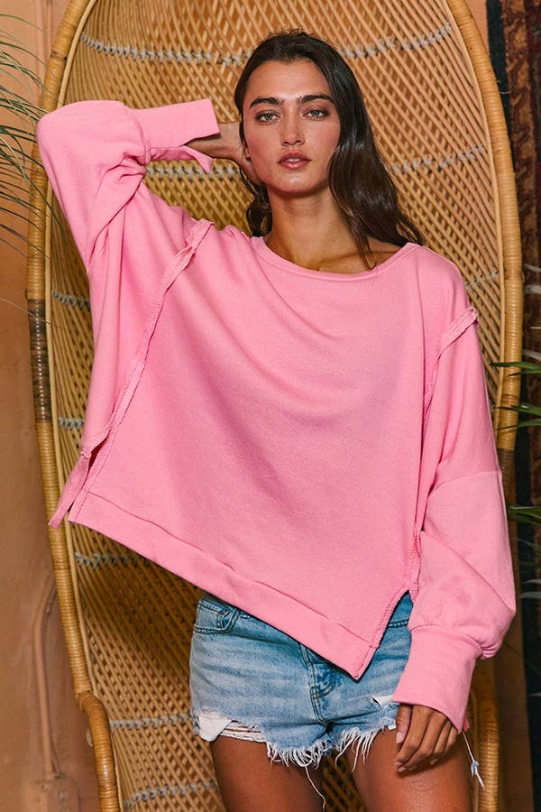 BUCKETLIST INC - Vente Sweat-shirt – femme - Haut en éponge uni à ourlet haut et bas T2369 Raw Edge Detail19