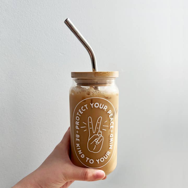 Protect Your Peace 20 oz. CAN GLASS WITH BAMBOO LID & STRA for wholesale by Coffee Cups & Curiosities