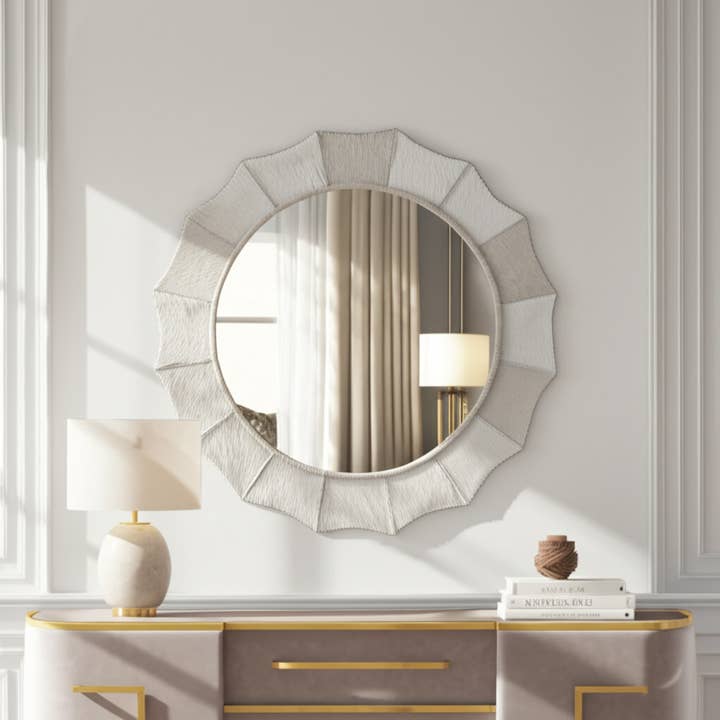 Sagebrook Home - Wholesale Wall Mirror - Wood Inverted Scallop Hair On Hide Mirror - Ivory, 42 in.1