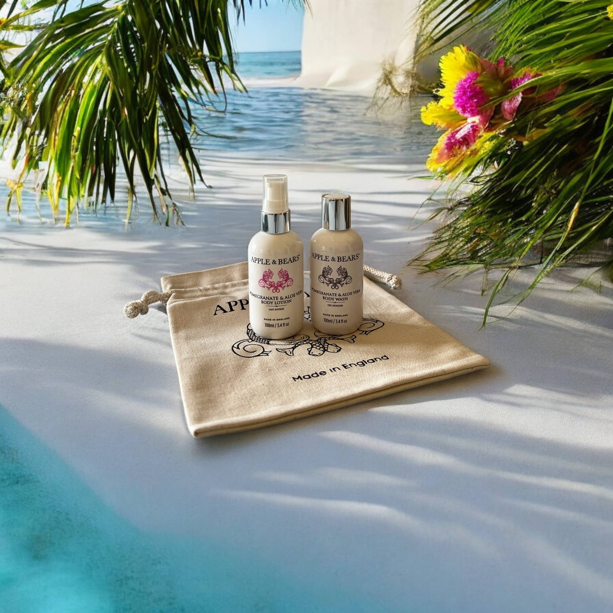 APPLE & BEARS – Großhandel Bade- & Körperpflege-Set – Reiseset mit Granatapfel und Aloe Vera, Wash & Lotion, 100 ml/3.48