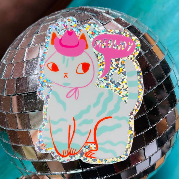 Bunny Dee - Wholesale Sticker - Meowdy the country cat glitter vinyl sticker0