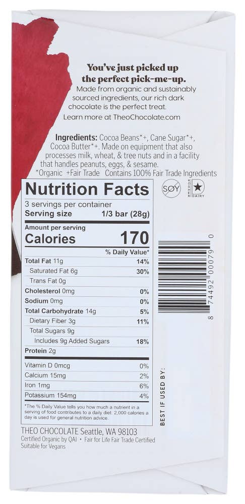 KeHE Distributors, LLC - Wholesale Chocolate Bar - Theo Chocolate Chocolate Bar Dark 70% 3 oz1