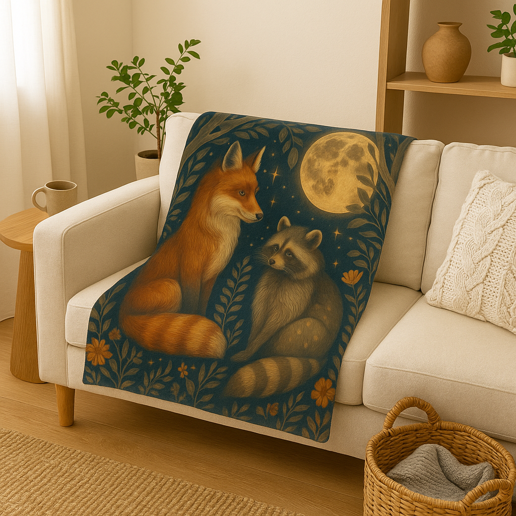 Upside Down Owl Farm - Wholesale Throw Blanket - Enchanted Forest Velveteen Plush Blanket, Fox and Raccoon2