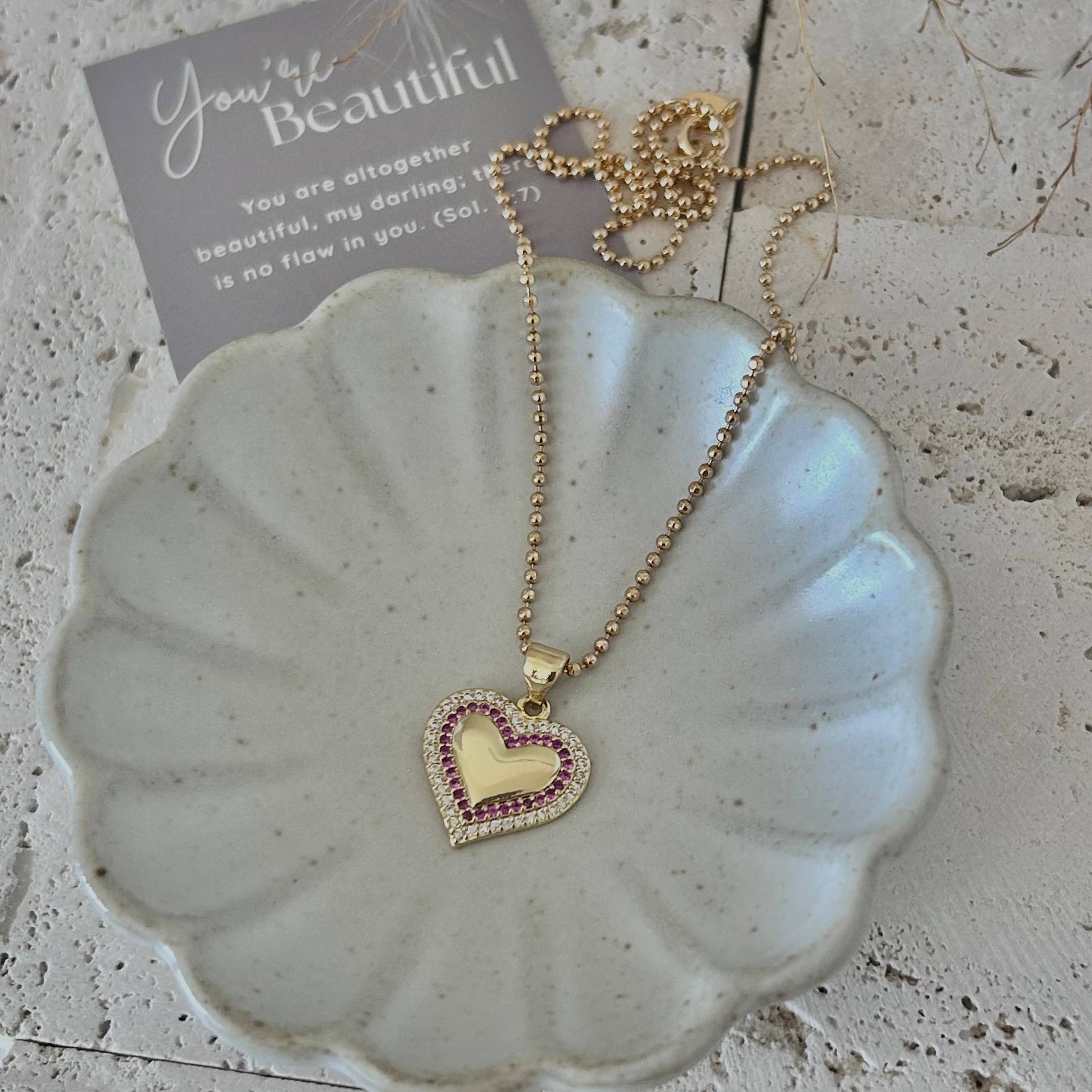 Amady Jewelry - Vendita all'ingrosso Collana con ciondolo/pendaglio - Collana con ciondolo a cuore piccolo pavé e catena di perline di vetro rosa.3