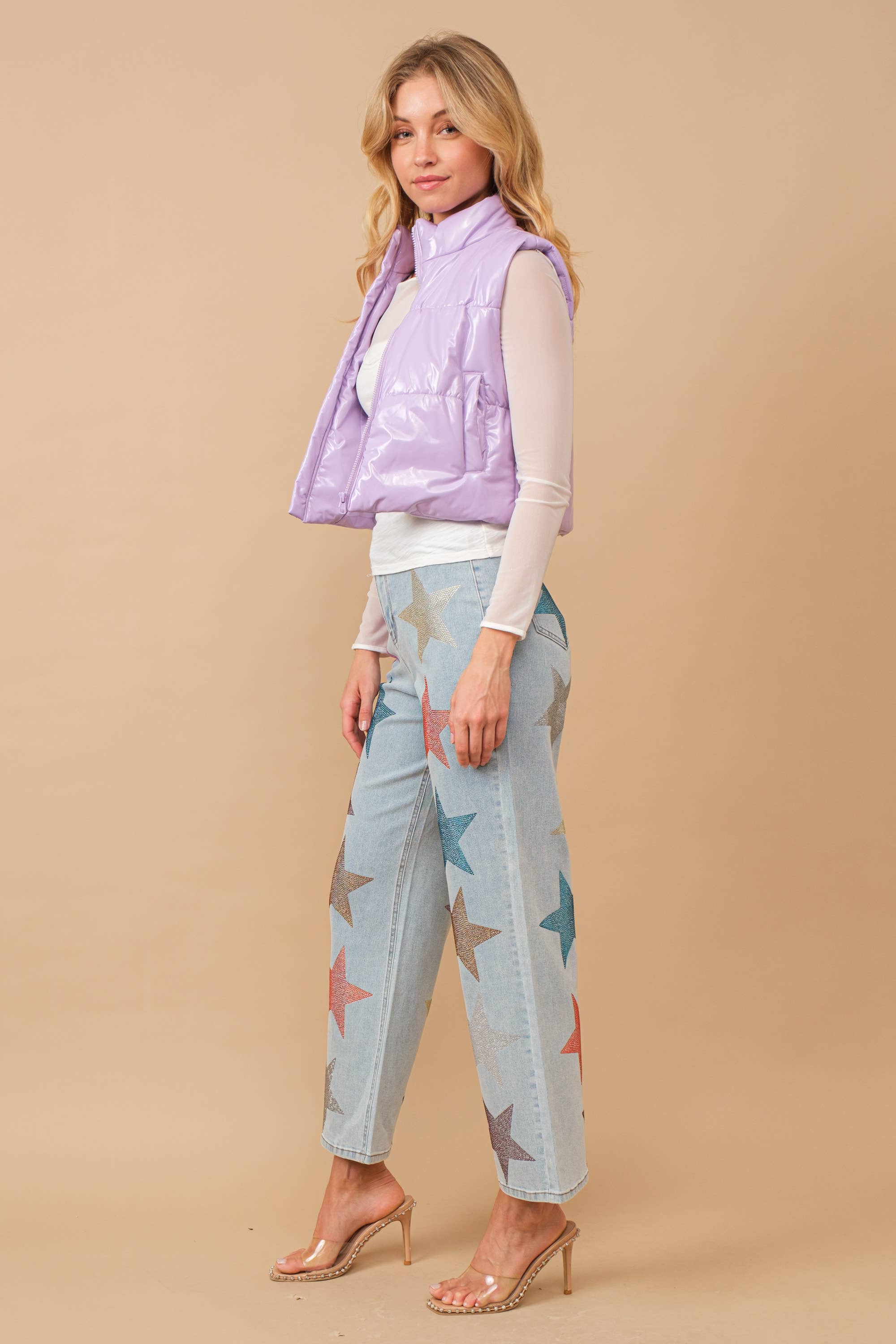 Blue B - Wholesale Outerwear Vest - Women's - 22656J - Gloss Shiny PU Quilted Puffer Zip Up Crop Vest45