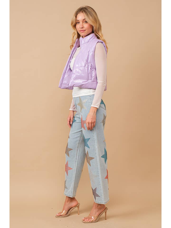 Blue B - Wholesale Outerwear Vest - Women's - 22656J - Gloss Shiny PU Quilted Puffer Zip Up Crop Vest45