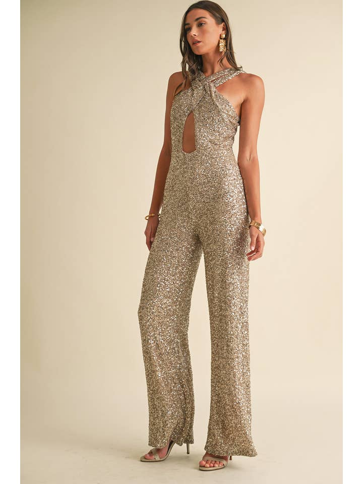 LR1451 Gold Sequin Criss-Cross Jumpsuit for wholesale on Faire5