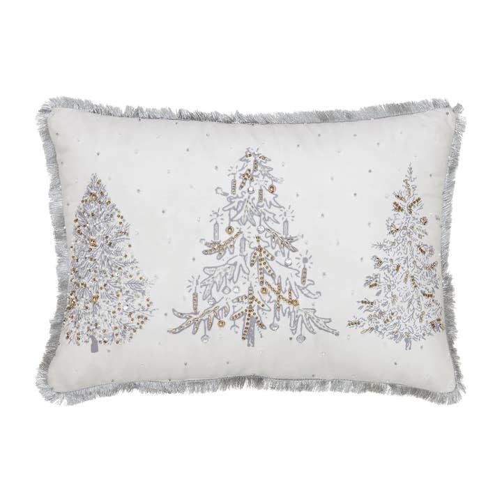 VHC Brands - Wholesale Throw/Decorative Pillow - White Christmas Silver and Gold Embroidered Pillow with Beads 14x201