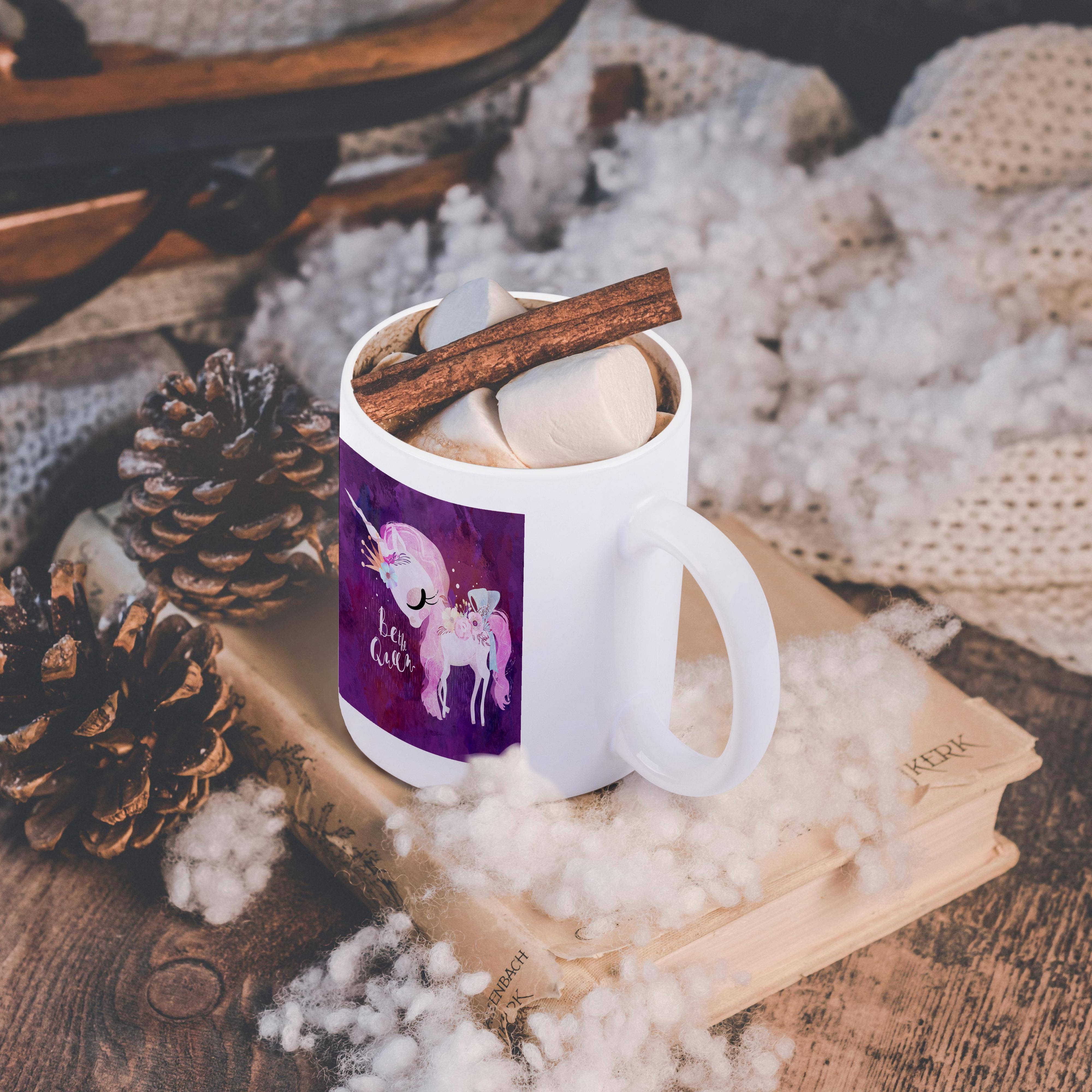 3dRose - Wholesale Coffee Mug - 3dRose, Cute Purple Flower Unicorn Illustration and Typography - Be The Queen, Mug11
