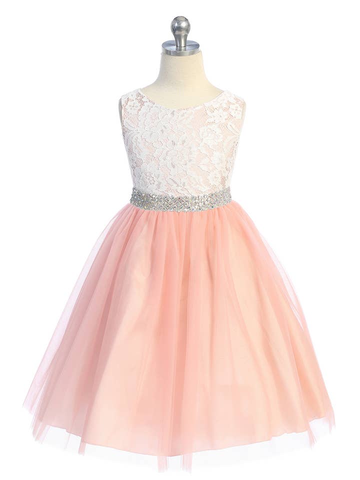 Lace Illusion Girls Dress with Thick Rhinestone Trim for wholesale by Kid's Dream