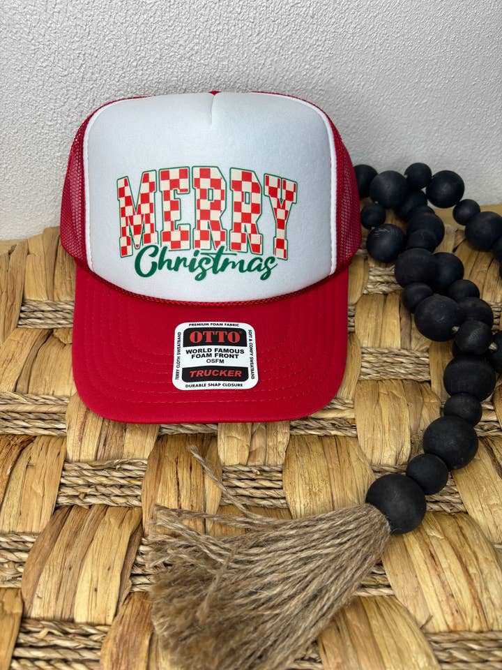 Checkered Merry Christmas Trucker Hat for wholesale by Pink August