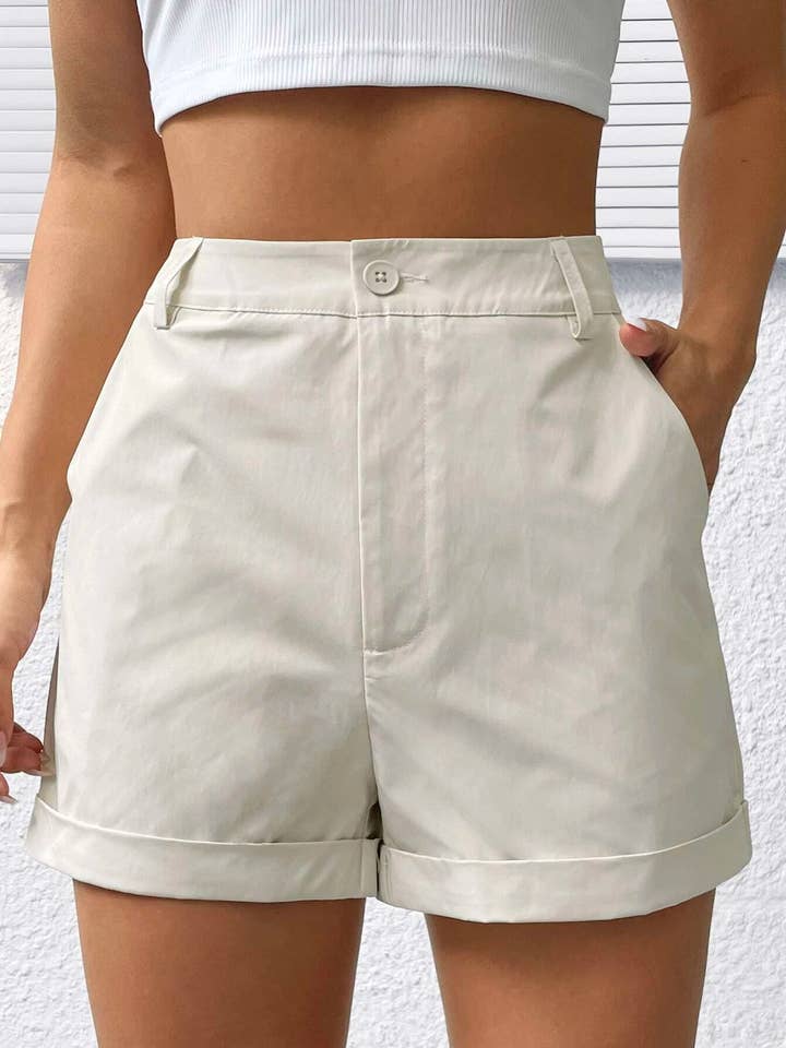 Solid straight rolled-edge shorts for wholesale by Rosa Clothing