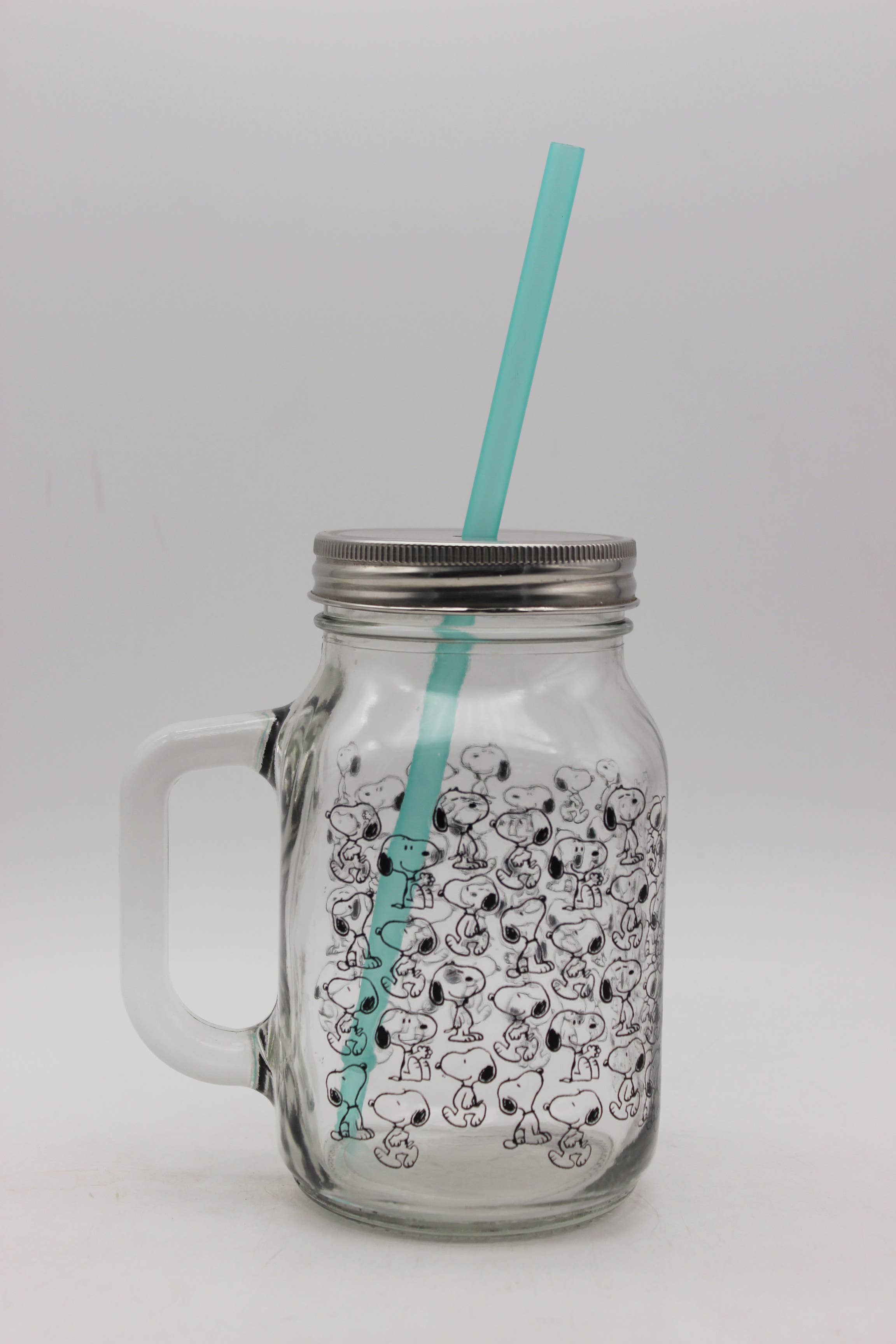 Silver Buffalo - Wholesale Drinking Glass/Cup - Peanuts Snoopy Pattern 21oz Glass Mason Jar w Lid and Straw2