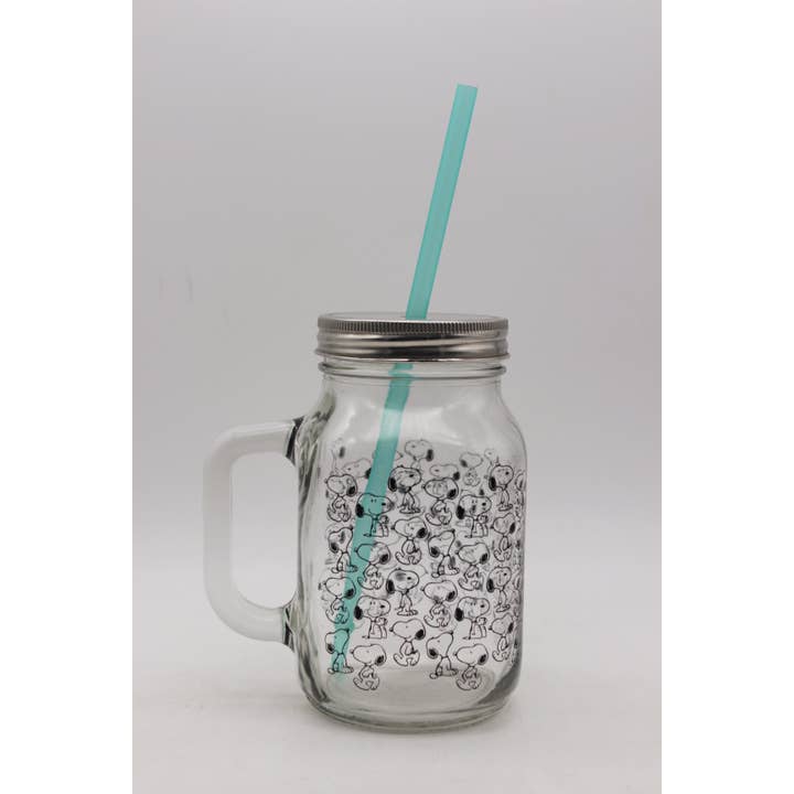 Silver Buffalo - Wholesale Drinking Glass/Cup - Peanuts Snoopy Pattern 21oz Glass Mason Jar w Lid and Straw2