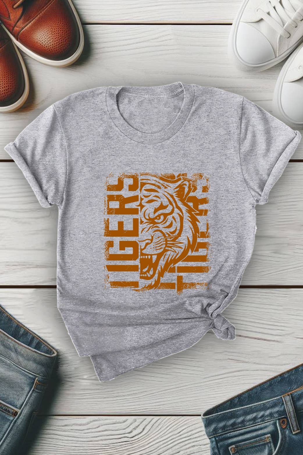 Top Avenue - Vendita all'ingrosso Maglietta stampata - Unisex - T-shirt unisex con scollo tondo con tigre invecchiata8