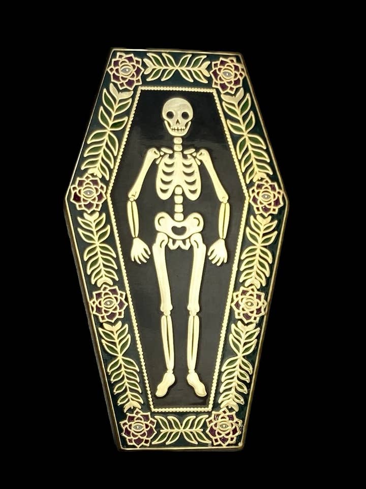 Skeleton Coffin Pin: Golden Hard Enamel, Goth Spooky Flowers for wholesale by Soni Graves