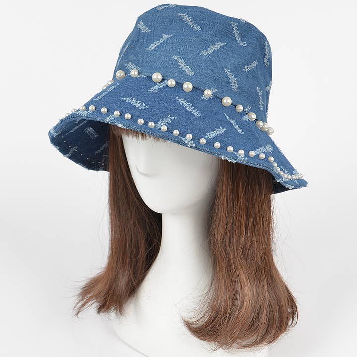 3AM BY H&D ACCESSORIES - Wholesale Bucket hat – Women's - Denim Bucket Hat W/imitation Pearl
