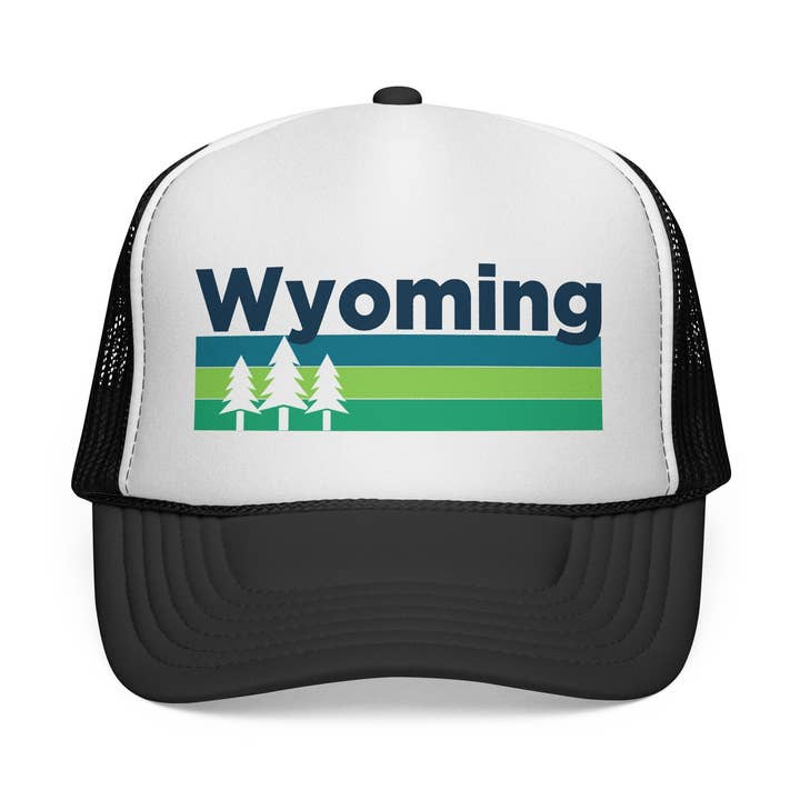 Kids Wyoming Retro Trees Youth Trucker Hat for wholesale by Hey Mountains