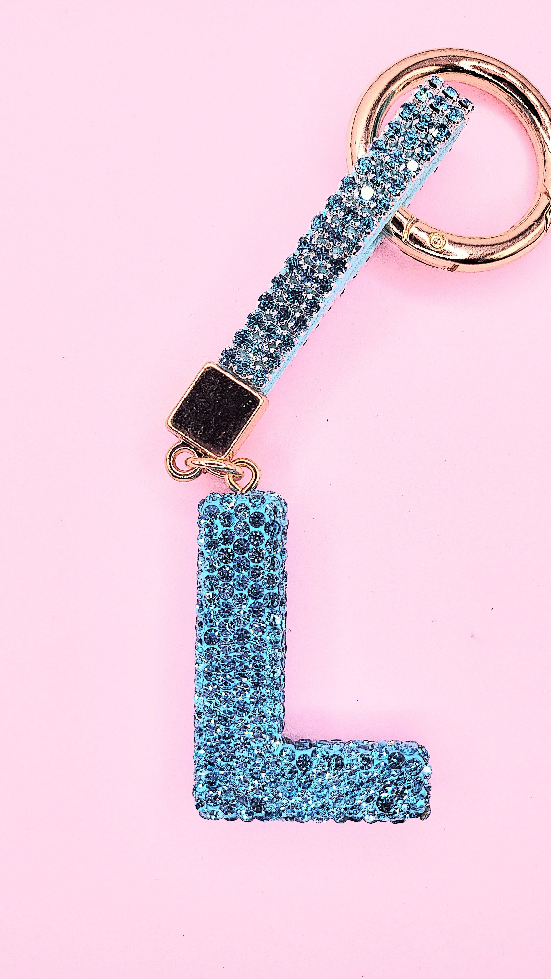 Silver Initial Letter Blue Crystal Key Ring & Bag Charm for wholesale on Faire11