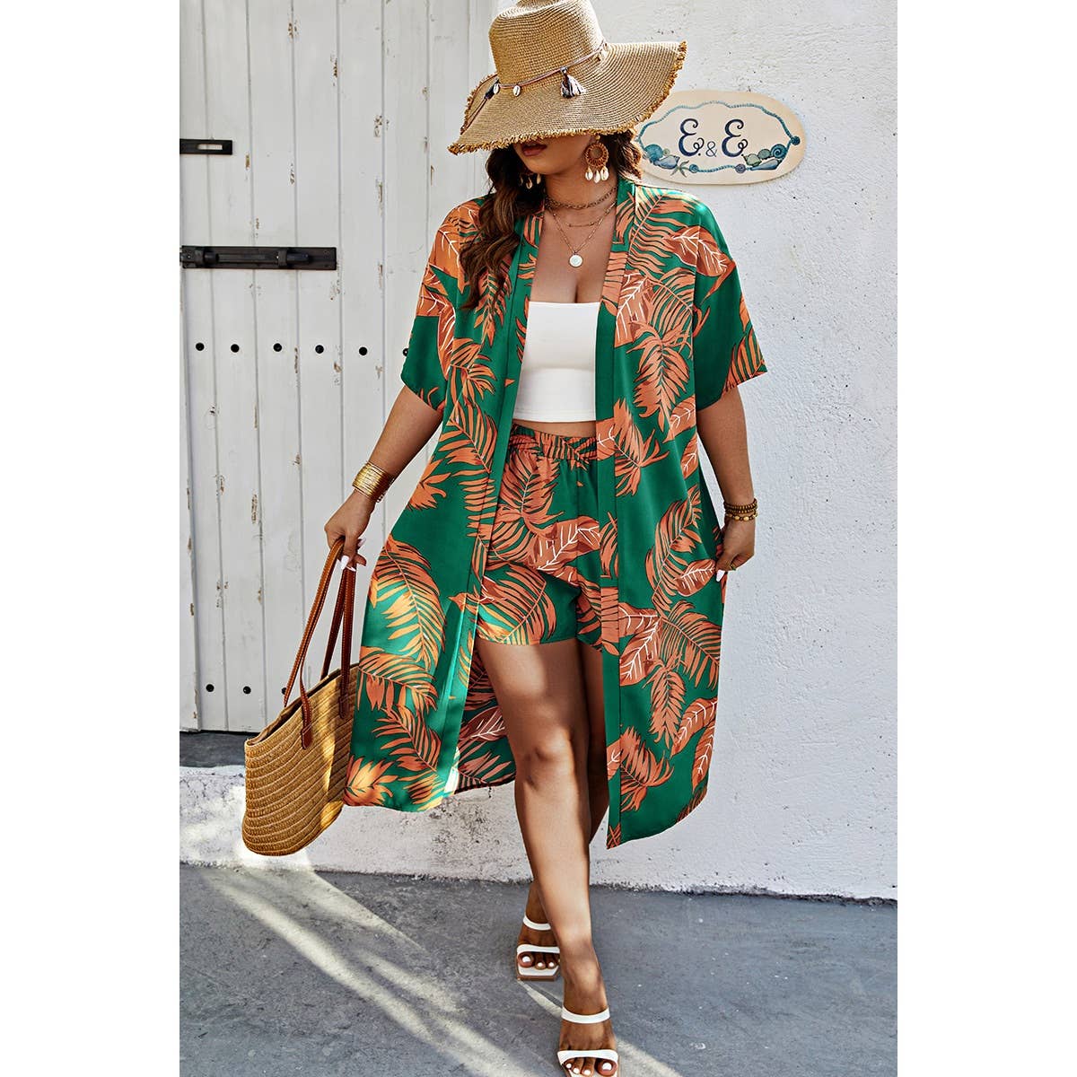 Supreme Fashion - Vendita all'ingrosso Completo top e pantaloncini (NON loungewear) - Donna - Set di pantaloncini elastici in vita con tasche con stampa a foglie Plus10