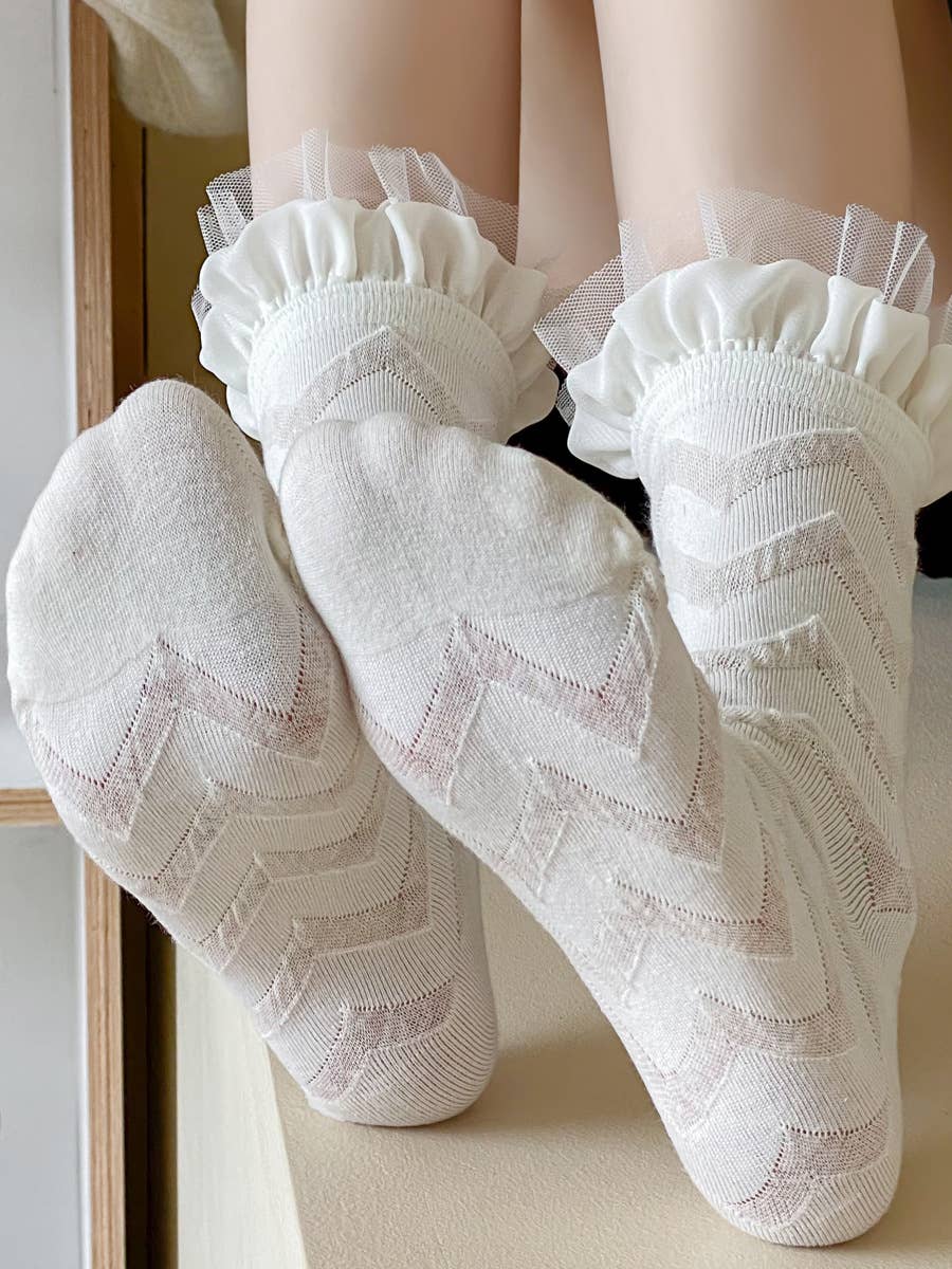 Tourtiwi - Vente Chaussettes – femme - Chaussettes mignonnes style lolita pour femmes, chaussettes mi-hautes en dentelle.6